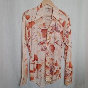 Vintage 70s Fashion Knits Tricot Polyester Print Pointy Collar Shirt